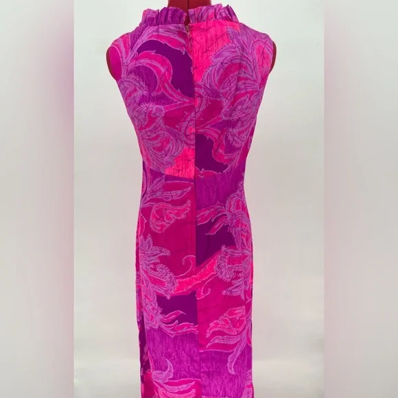 1960s Vibrant Neon Pink Hawaiian Maxi Sundress With Psychedelic Print - Picture 4 of 9